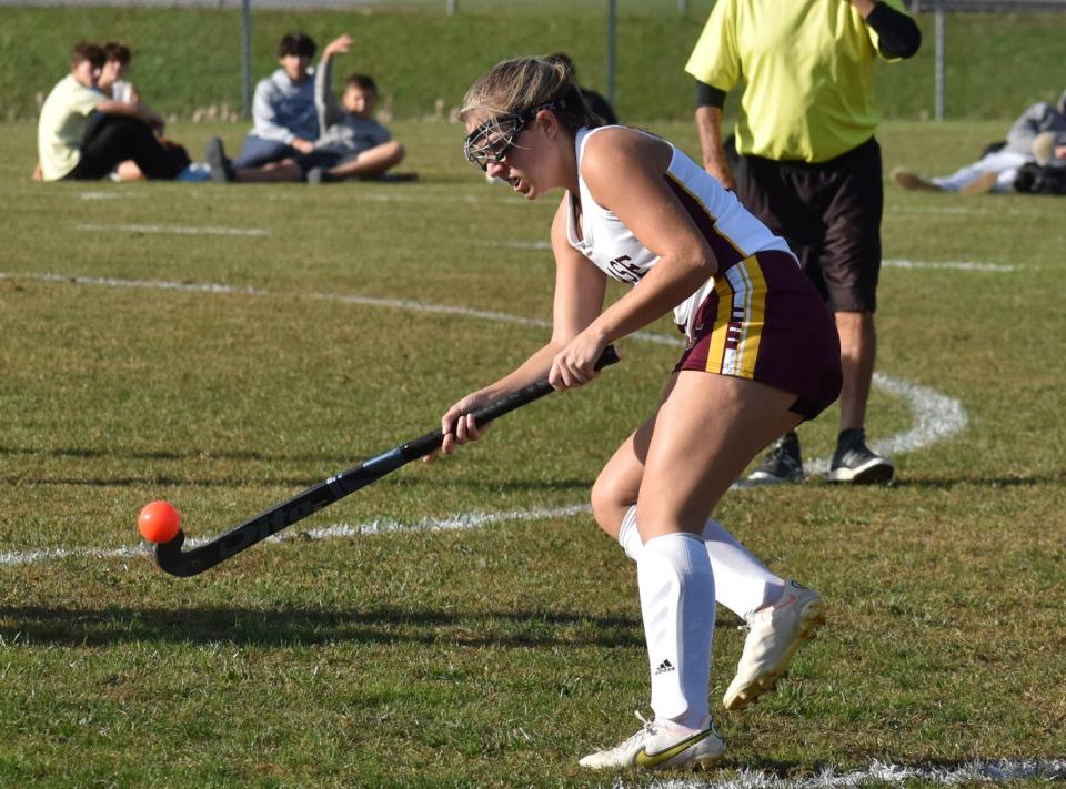 Case's Megan Smith controls the ball against Bourne during a recent field hockey game in Swansea.