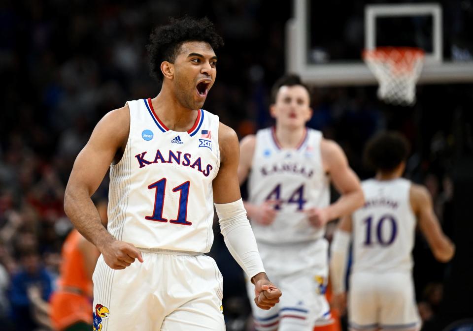 Kansas Jayhawks guard Remy Martin (11) reacts after a play during the second half against the Miami Hurricanes during the NCAA Tournament.