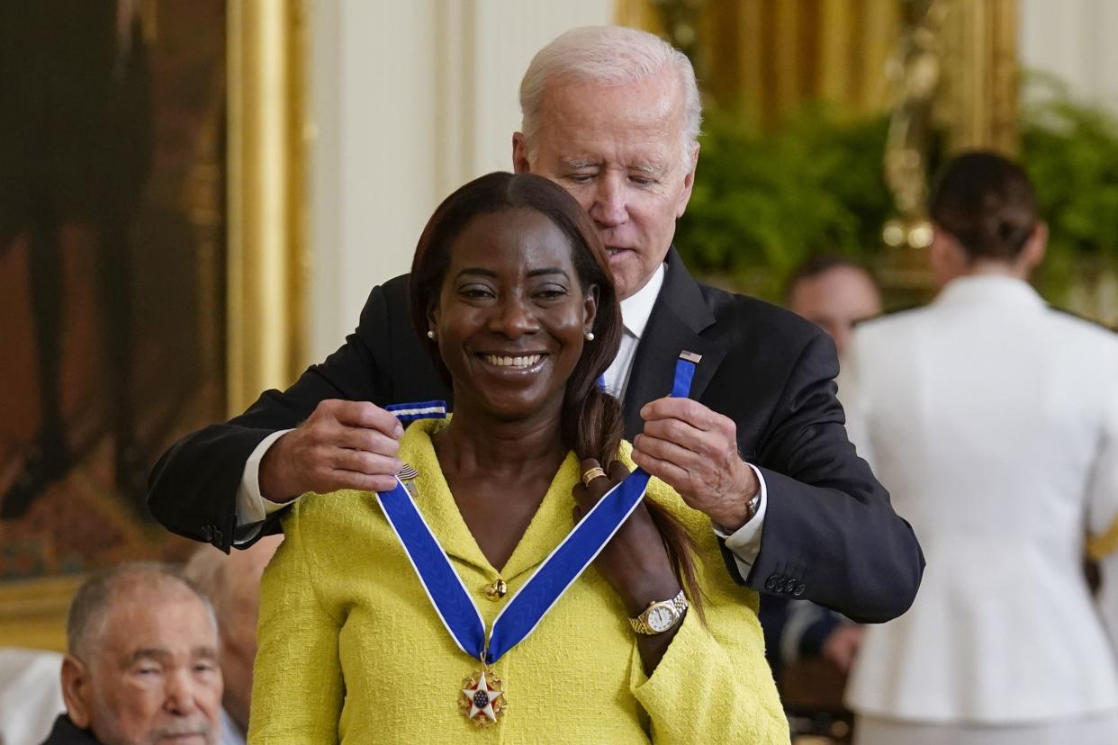 President Joe Biden awards the nation's highest civilian honor, the Presidential Medal of Freedom, to Sandra Lindsay at the White House in Washington, Thursday, July 7, 2022. 