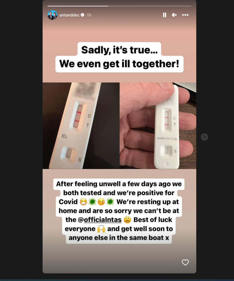 Ant and Dec shared their positive Covid-19 test results on social media (Ant and Dec)