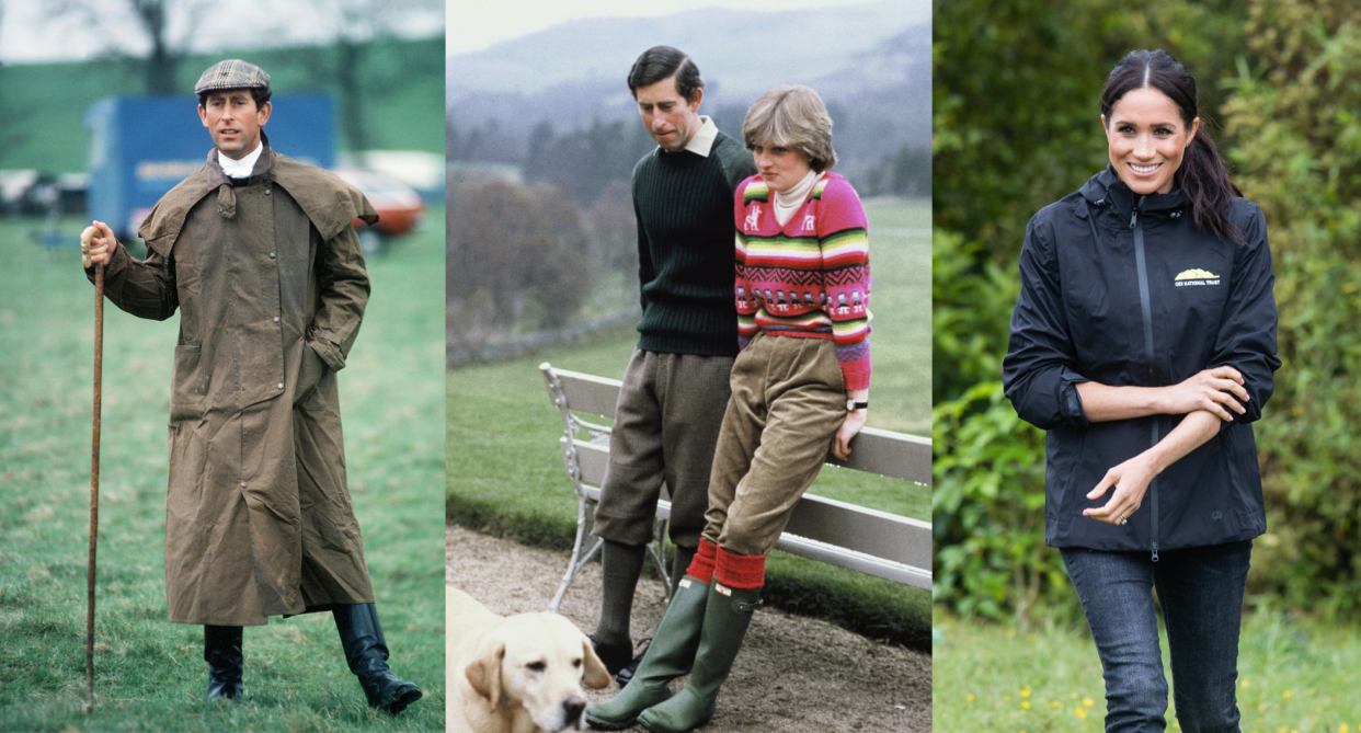 rain boots, prince charles in raincoat, prince charles, princess diana and dog wearing hunter rain boots, meghan markle outside in jean and black jacket