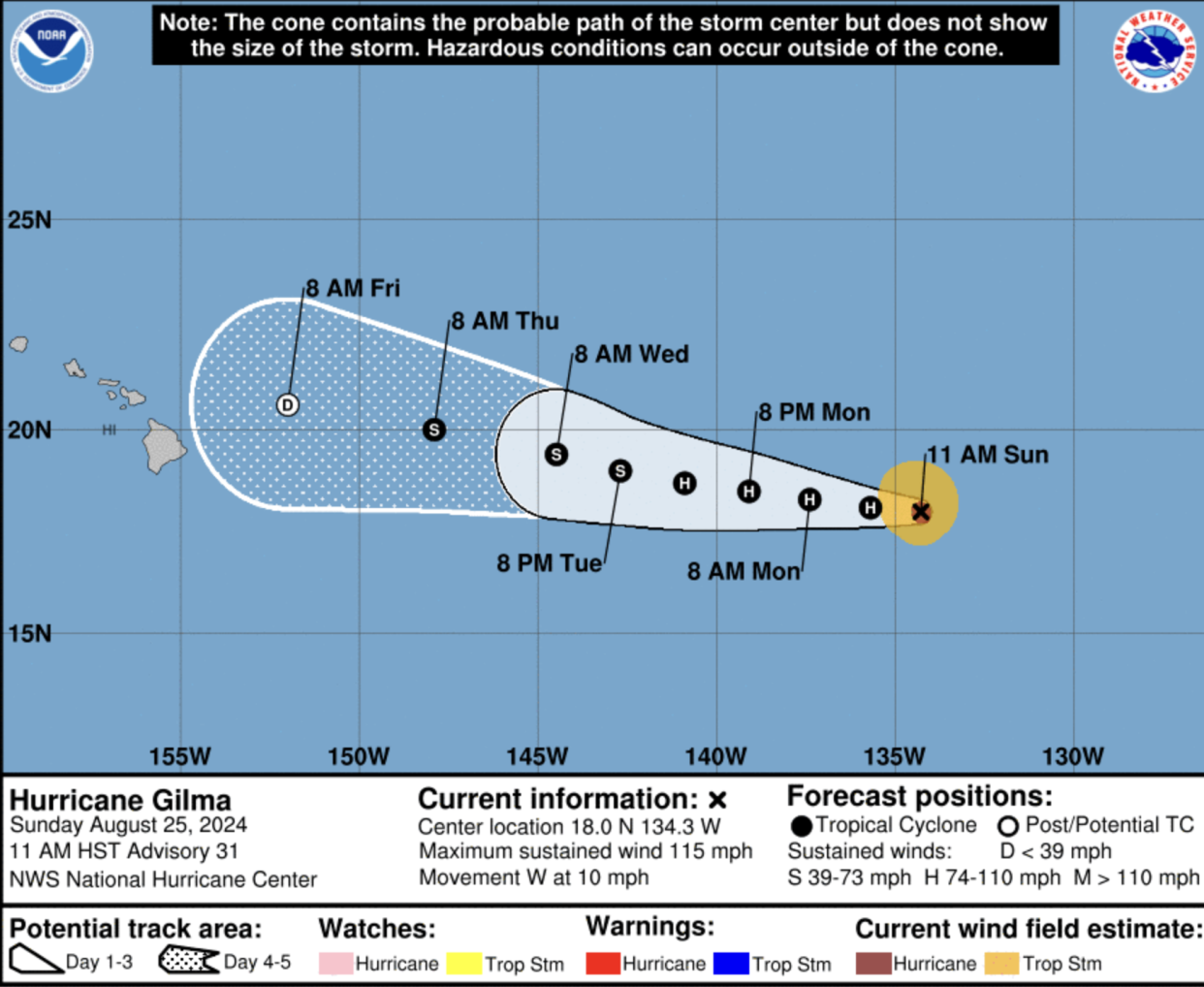 Hurricane Gilma's location as of 5 p.m. ET on Sunday, or 11 a.m. HST. (National Hurricane Center)