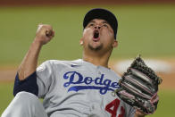 Los Angeles Dodgers starting pitcher Brusdar Graterol reacts after the last out against the Tampa Bay Rays in the eighth inning in Game 4 of the baseball World Series Saturday, Oct. 24, 2020, in Arlington, Texas. (AP Photo/Eric Gay)