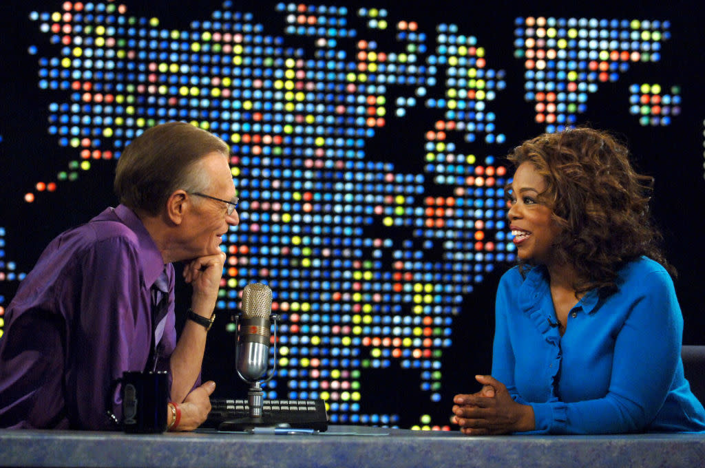 Larry King interviews Oprah Winfrey in April 2007. (Photo: Michael Caulfield/WireImage for Turner) 