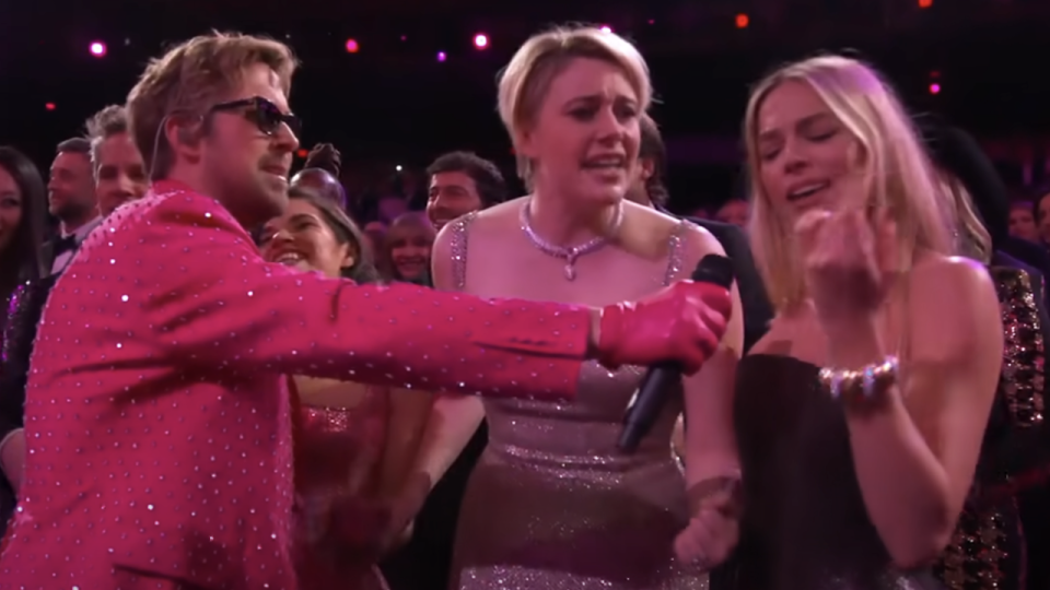 Ryan Gosling, Margot Robbie, and Greta Gerwig singing at the 2024 Oscars