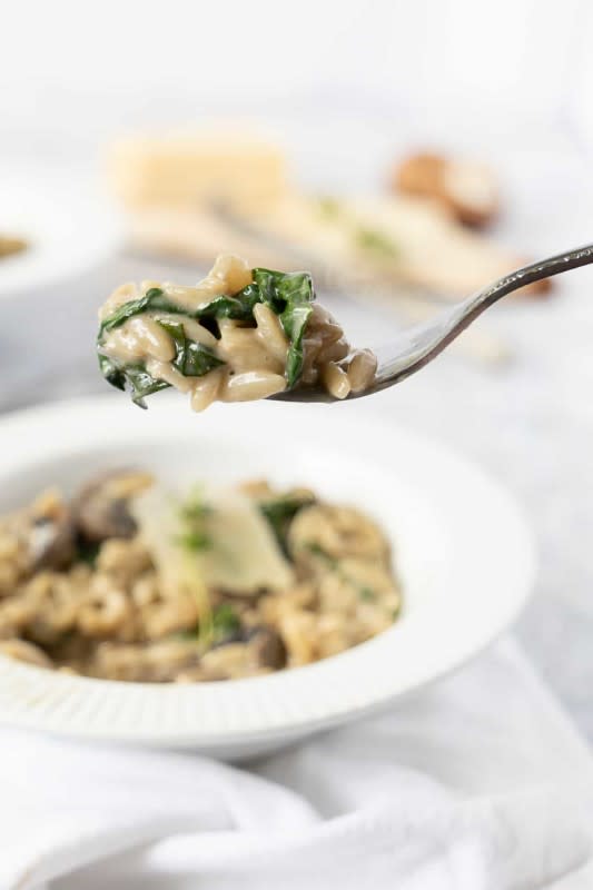 <p>Noshing with The Nolans</p><p>This dish is not only velvety but also easy and delicious! </p><p><strong>Get the recipe: </strong><a href="https://noshingwiththenolands.com/creamy-mushroom-orzo-with-spinach/?fbclid=IwAR02taT3xEOOklI9mYH33ULPtIHXBX7pgWmffg9795DLEkm2qfYZ1zlJCdE" rel="nofollow noopener" target="_blank" data-ylk="slk:Creamy Mushroom Orzo With Spinach;elm:context_link;itc:0;sec:content-canvas" class="link "><strong>Creamy Mushroom Orzo With Spinach</strong></a></p>