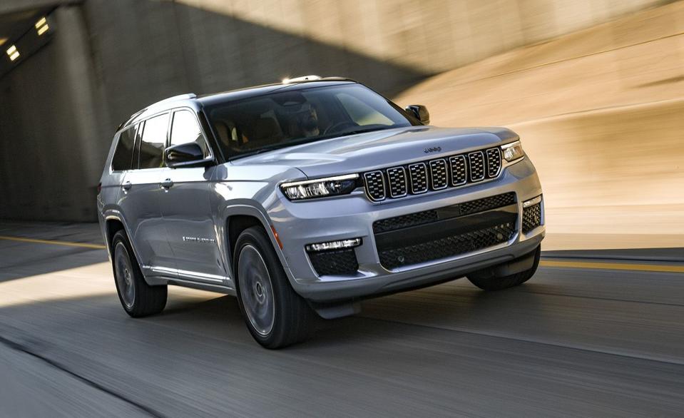 <p>Jeep's fifth-generation Grand Cherokee debuted in 2021, adding a three-row model dubbed the <a href="https://www.caranddriver.com/jeep/grand-cherokee-l" rel="nofollow noopener" target="_blank" data-ylk="slk:Grand Cherokee L;elm:context_link;itc:0;sec:content-canvas" class="link ">Grand Cherokee L</a>. It's 15 inches longer than the previous Grand Cherokee, and a smoother ride is a major benefit from its longer wheelbase. The rumble from the available 5.7-liter V-8 is unlike anything else in the segment (save for the Durango), and the V-6 is no sleepyhead either. Overland and Summit trims come standard with air springs, which can lift the Grand Cherokee L to provide up to 10.3 inches of ground clearance. The new Grand Cherokee has more cargo space than ever, and its third row has a good amount of headroom and foot room for folks with size-12 shoes. The V-8 has the highest towing capacity of the two engines at 7200 pounds. </p><ul><li>Base price: $40,570</li><li><em>C/D</em> rating: 9/10 </li></ul><p><a class="link " href="https://www.caranddriver.com/jeep/grand-cherokee-l/" rel="nofollow noopener" target="_blank" data-ylk="slk:MORE ABOUT THE GRAND CHEROKEE L;elm:context_link;itc:0;sec:content-canvas">MORE ABOUT THE GRAND CHEROKEE L</a></p>