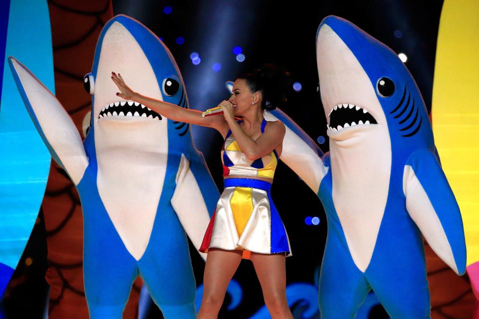 Katy Perry wears a Jeremy Scott design during the 2015 Super Bowl.