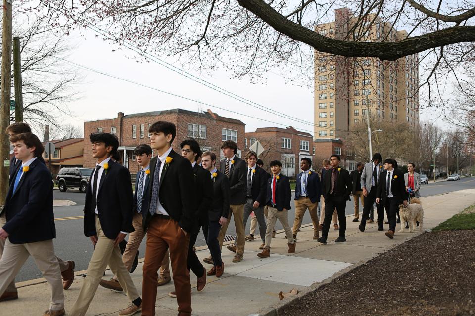 Students from Salesianum walked from their school to the Congo Legacy Center in Wilmington on Wednesday March 13, 2024 to honor Fred Smith. Smith, who died on March 1, was one of four other Black students who enrolled at the original school in 1950 making Salesianum the first racially desegregated school in Delaware.