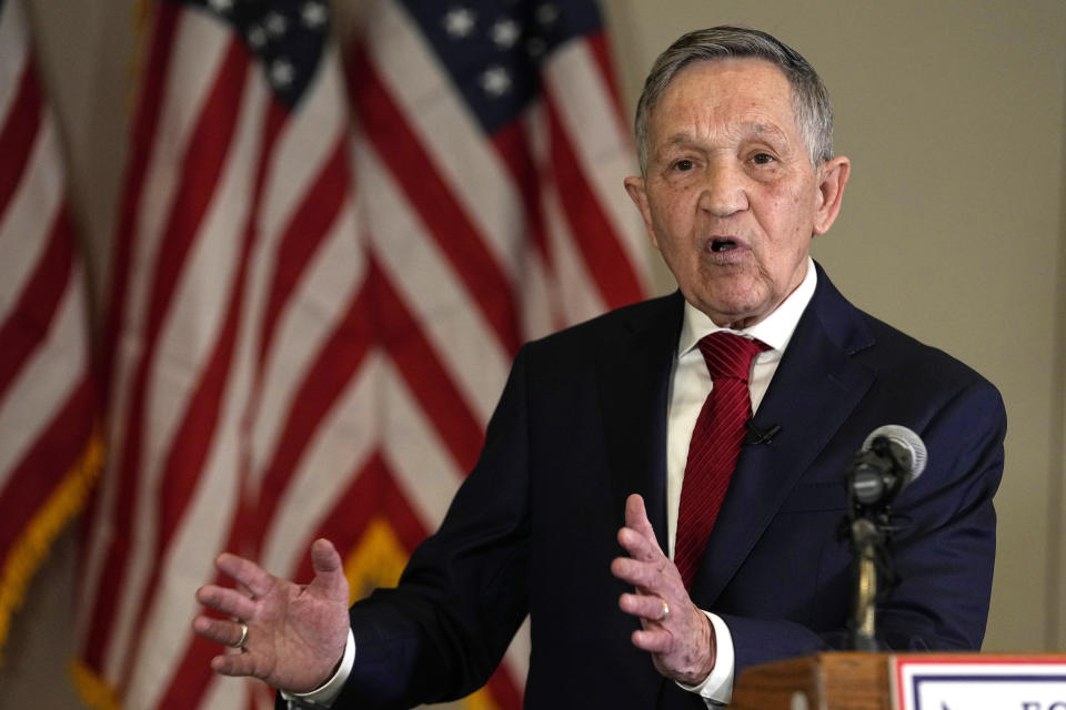 Former Ohio congressman and two-time Democratic presidential candidate Dennis Kucinich announces his Independent candidacy for Congress in Ohio's 7th Congressional District, Wednesday, Jan. 24, 2024, in Independence, Ohio. (AP Photo/Sue Ogrocki)