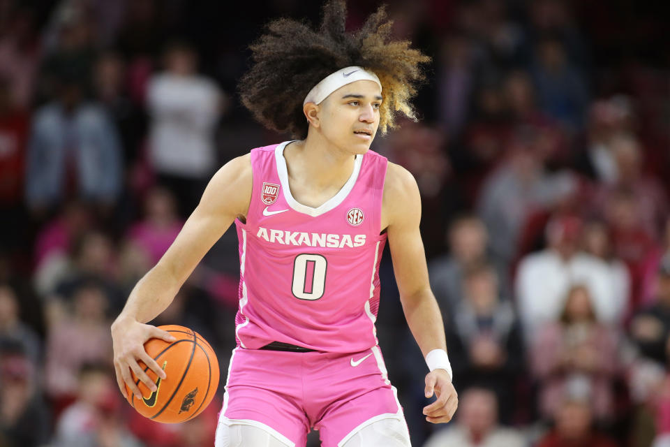 Arkansas guard Anthony Black brings the ball up against LSU during their men's college basketball game on Jan. 24, 2023. (Nelson Chenault/USA TODAY Sports)