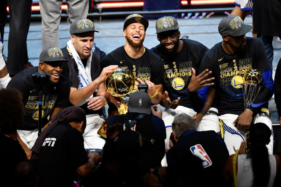 Andre Iguodala (far left), Klay Thompson, Steph Curry and Draymond Green have played in the NBA Finals five times in the past eight seasons.