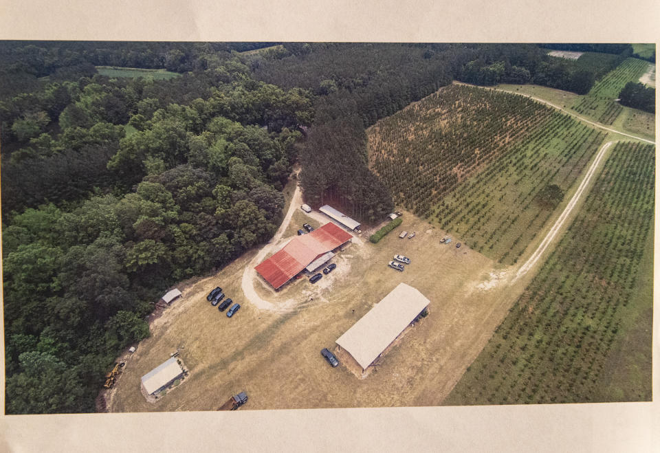 Evidence shown in Alex Murdaugh's trial for murder shows the Colleton County property where the Murdaughs lived, at the Colleton County Courthouse in Walterboro, S.C. on Thursday, Feb. 2, 2023. The judge has agreed with a defense request to let jurors ride 40 minutes to see the sprawling property. The exact date and time of the jury trip has not been scheduled because it is dependent on how many witnesses the prosecution calls in its reply case. (Andrew J. Whitaker/The Post And Courier via AP, Pool)