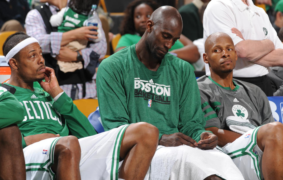 This 2012 picture captures the last time Kevin Garnett and Ray Allen were on speaking terms as Boston Celtics teammates. (Getty Images)