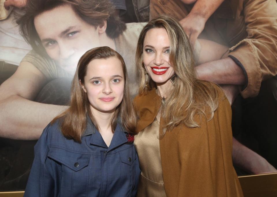 Vivienne Jolie-Pitt and Angelina Jolie attend the opening night of “The Outsiders: A New Musical” at the Bernard B. Jacobs Theatre on April 11, 2024 in New York City. Bruce Glikas/Getty Images