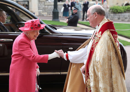 Britain's Queen Elizabeth arrives ahead of the wedding of Lady Gabriella Windsor and Thomas Kingston at St George's Chapel in Windsor Castle, near London, Britain May 18, 2019. Steve Parsons/Pool via REUTERS