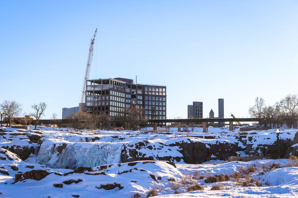 Construction continues on the Steel District development in downtown Sioux Falls, as seen here from Falls Park on Friday, Feb. 10.