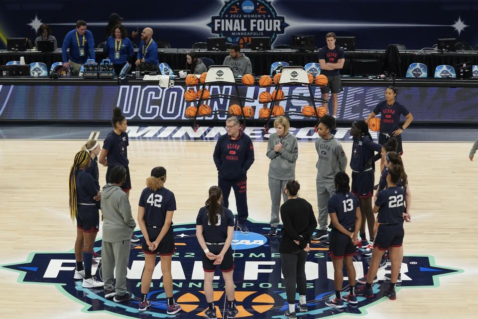 UConn gets ready to practice session for a college basketball game in the semifinal round of the Women's Final Four NCAA tournament Thursday, March 31, 2022, in Minneapolis. (AP Photo/Eric Gay)