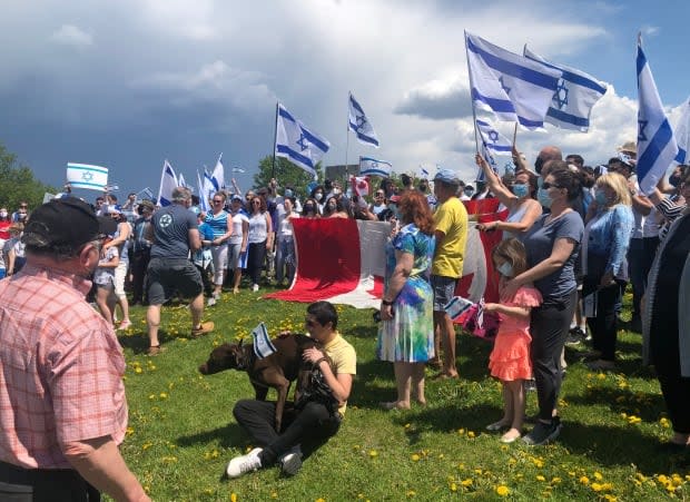 Pro-Israel demonstrators held an outdoor rally, followed by a car convoy, in Ottawa on Sunday. Cities across Canada have seen demonstrations amid the ongoing violence between Israeli forces and Palestinians. (Krystalle Ramlakhan/CBC - image credit)