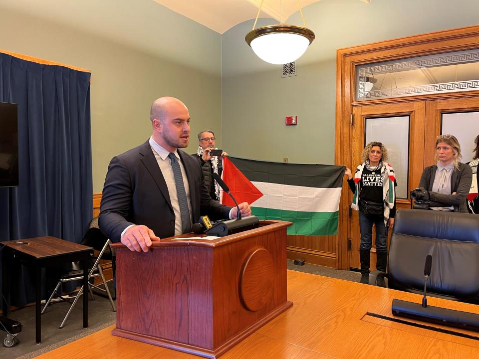 Iowa state Rep. Sami Scheetz, D-Cedar Rapids, the first Arab American lawmaker elected in Iowa, calls for a ceasefire in Gaza at the Iowa State Capitol on Thursday, Jan. 18, 2024.