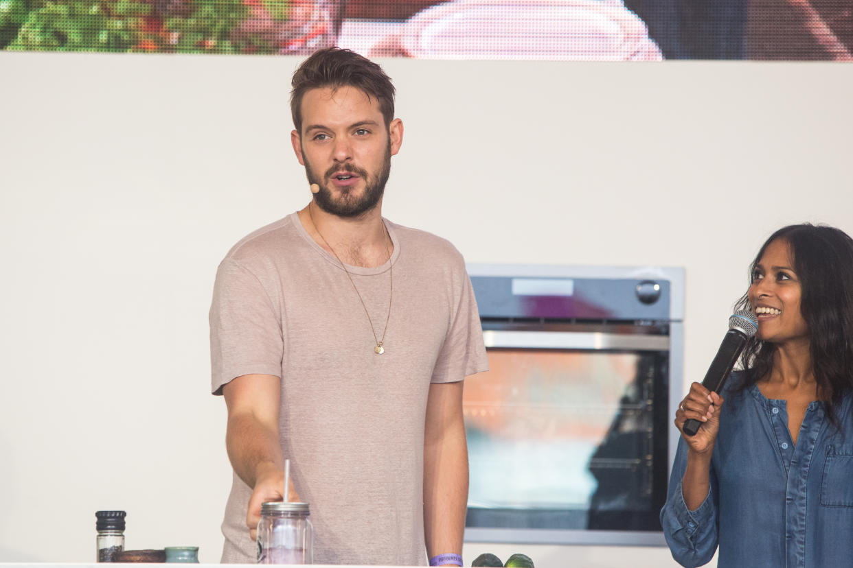 LONDON, ENGLAND - SEPTEMBER 10:  John Whaite demonstrates his cooking skills, while interviewed by Hersha Patel on day one of OnBlackheath at Blackheath Common on September 10, 2016 in London, England.  (Photo by Lorne Thomson/Redferns)