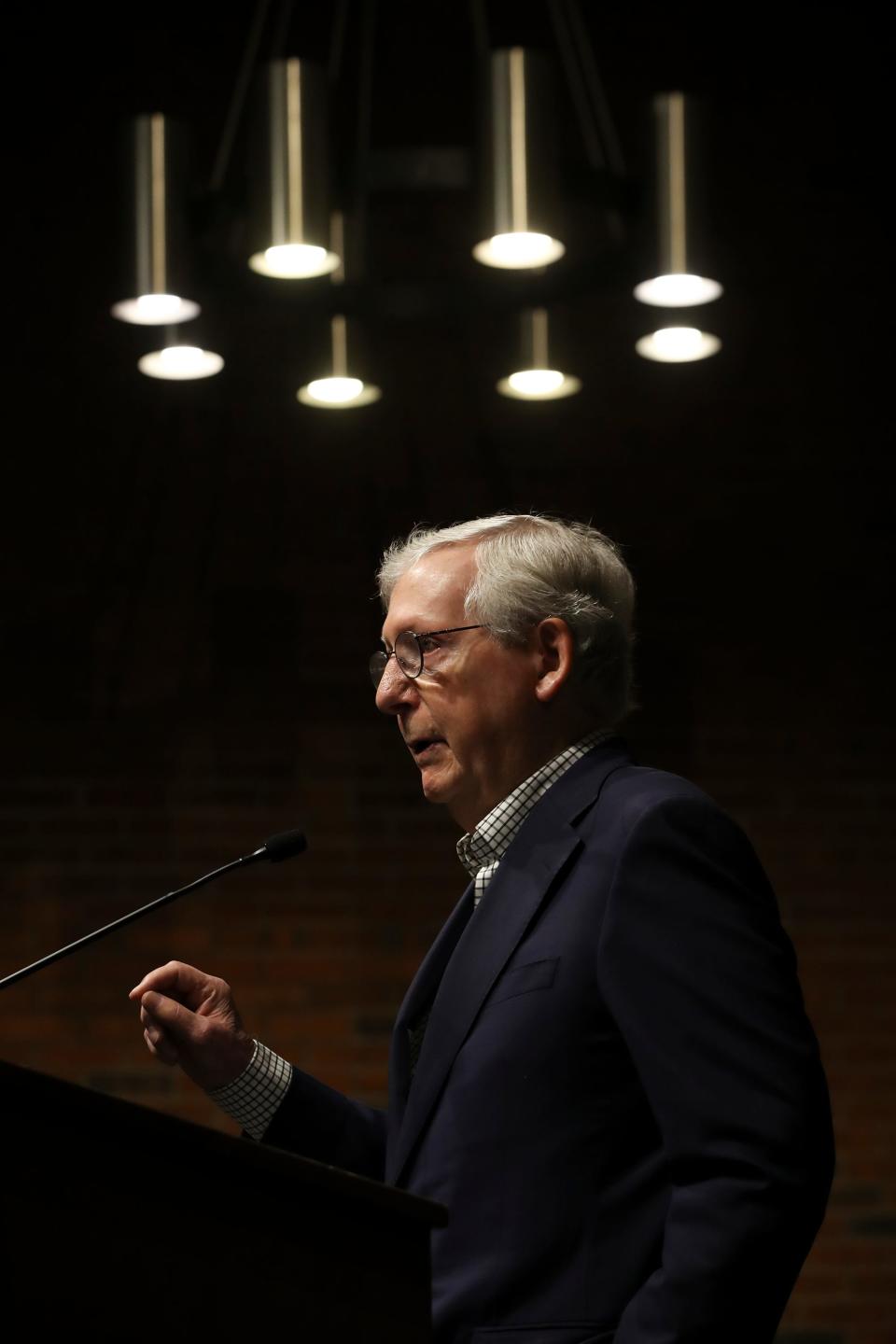 Senator Mitch McConnell speaks at a press conference after touring the Regional Biocontainment Lab - Center for Predictive Medicine at the University of Louisville on Monday, May 3, 2021