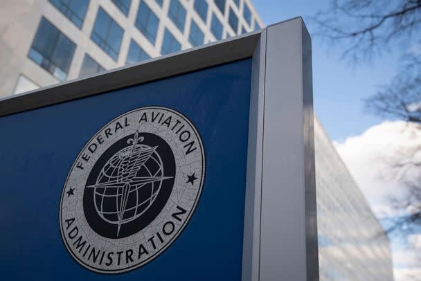 PHOTO: In this March 6, 2021, file photo, a sign shows the U.S Federal Aviation Administration (FAA) logo near its headquarters in Washington, D.C. (Graeme Sloan/Sipa USA via AP, FILE)