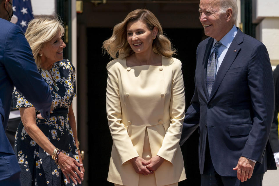 President Joe Biden and first lady Jill Biden greet Olena Zelenska, spouse of Ukrainian's President Volodymyr Zelenskyy at the White House in Washington, Tuesday, July 19, 2022. (AP Photo/Andrew Harnik)