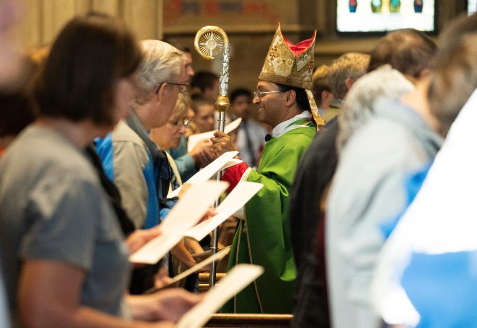 Bishop Earl Fernandes of the Catholic Diocese of Columbus exits the sanctuary Oct. 6, 2023, following a Mass for Life at St. Joseph Cathedral in Columbus.