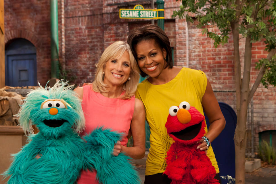 Michelle Obama and Dr. Jill Biden during a visit "Sesame Street" on April 18, 2011