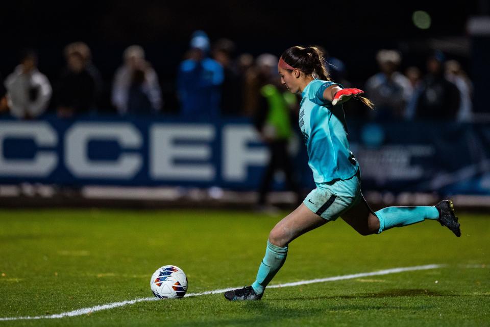 Brigham Young University goalkeeper Lynette Hernaez (00) kicks the ball during the Sweet 16 round of the NCAA College Women’s Soccer Tournament against Michigan State at South Field in Provo on Saturday, Nov. 18, 2023. | Megan Nielsen, Deseret News