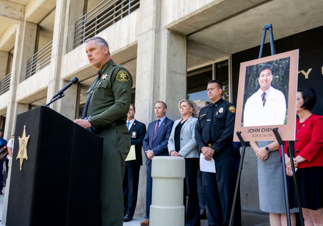 Orange County Sheriff Don Barnes speaks about the shooting at the Geneva Presbyterian Church in Laguna Woods next to a photo of slain Dr. John Cheng, outside the Orange County Sheriffs Department on May 16. (Photo: MediaNews Group/Orange County Register via Getty Images via Getty Images)