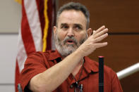 Marjory Stoneman Douglas High School head of facilities Eduard Suarez testifies during the trial of former Marjory Stoneman Douglas High School School Resource Officer Scot Peterson, Thursday, June 8, 2023, at the Broward County Courthouse in Fort Lauderdale, Fla. Peterson is charged with child neglect and other charges for failing to stop the Parkland school massacre five years ago. (Amy Beth Bennett/South Florida Sun-Sentinel via AP, Pool)