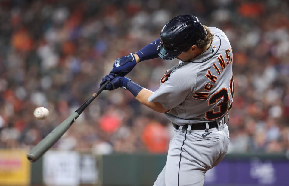 Detroit Tigers second baseman Zach McKinstry (39) hits a single during the third inning against the Houston Astros at Minute Maid Park in Houston on Wednesday, April 5, 2023.