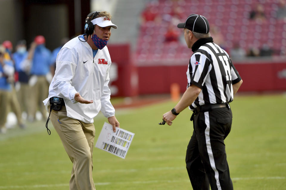 Mississippi coach Lane Kiffin reacts to a call during the second half of an NCAA college football game against Arkansas, Saturday, Oct. 17, 2020, in Fayetteville, Ark. (AP Photo/Michael Woods)