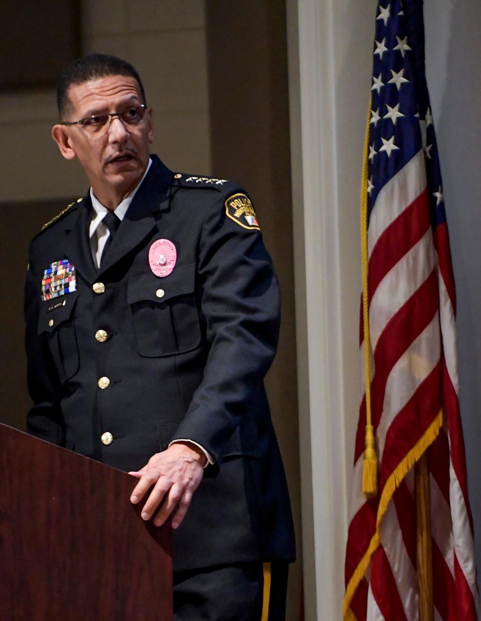 Montgomery Police Chief Darryl Albert speaks as the Montgomery Police Academy holds its graduation ceremony for new law enforcement officers for regional law enforcement agencies in Montgomery, Ala., on Thursday October 5, 2023.