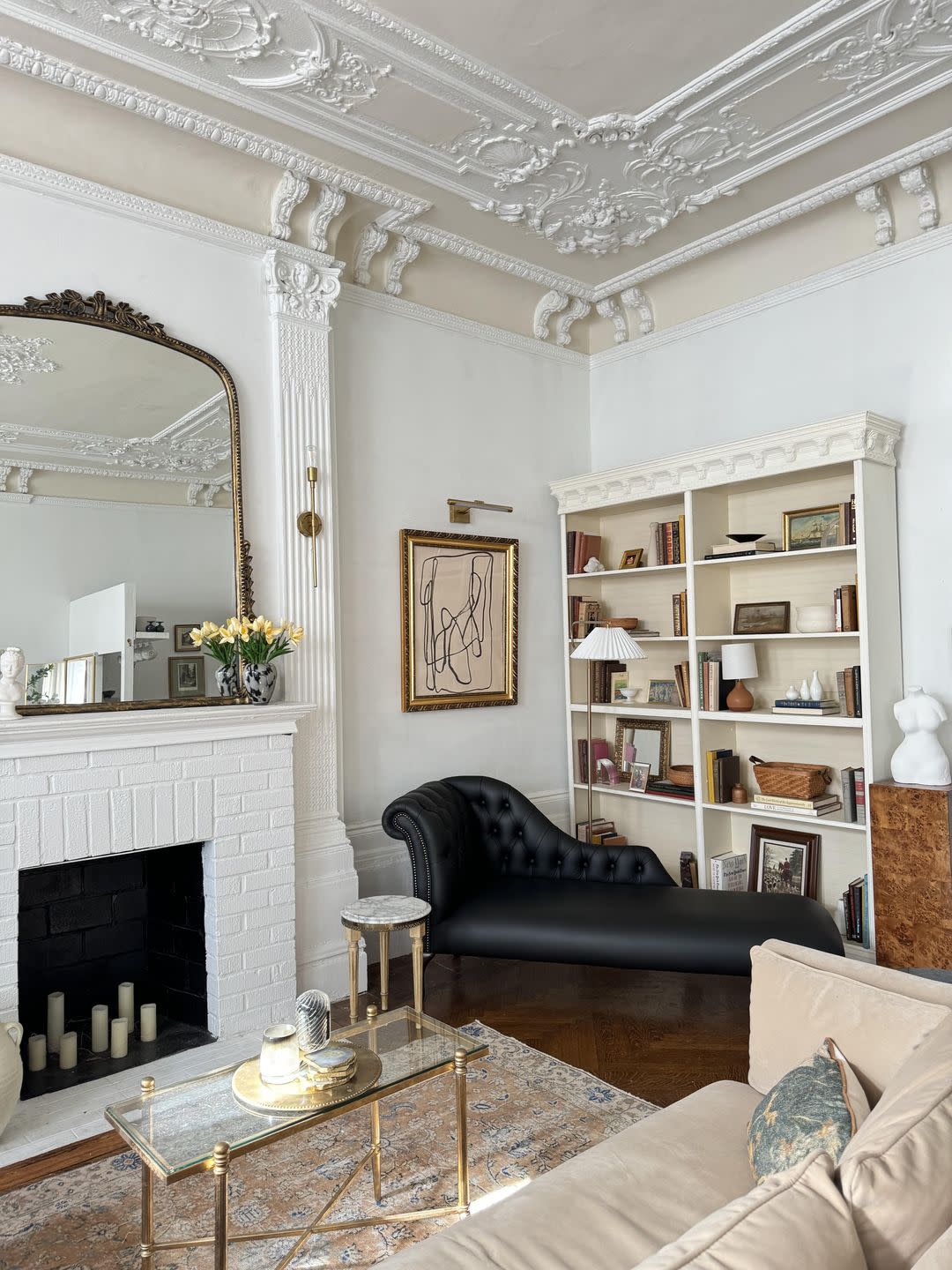 a living room with a fireplace