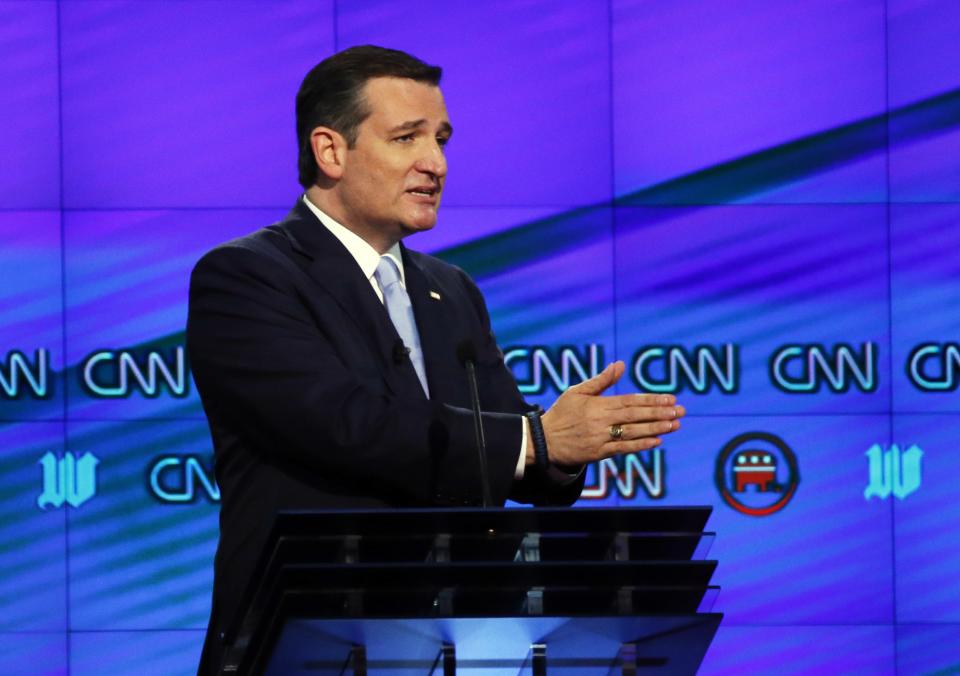Cruz speaks during the Republican presidential debate sponsored by CNN, Salem Media Group and the Washington Times at the University of Miami on March 10, 2016, in Coral Gables, Fla. (Photo: Wilfredo Lee/AP)