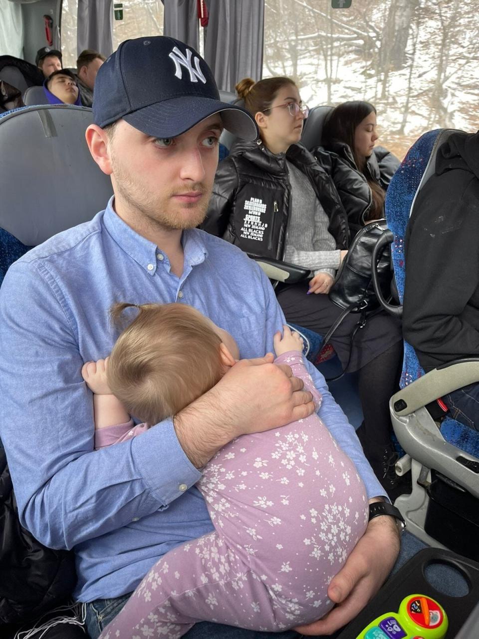 Volunteers, children and staff of Tikva, a Jewish orphanage in Odessa, Ukraine, evacuated to Romania by bus.