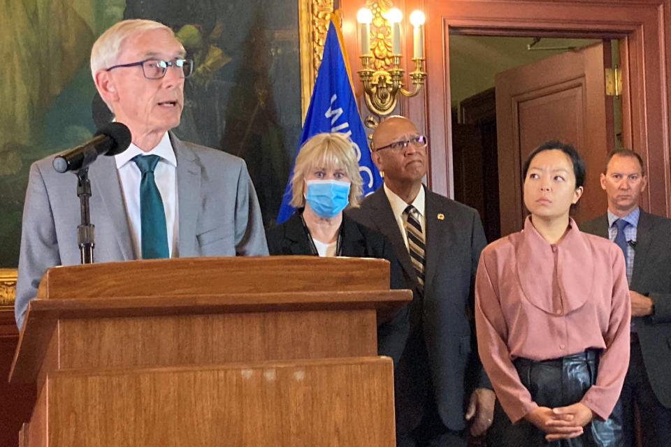 Democratic Wisconsin Gov. Tony Evers calls the Republican-controlled Wisconsin Legislature into special session to create a pathway for a statewide vote to repeal the state's 1849 ban on abortions at a news conference Wednesday, Sept. 21, 2022, in the governor's conference room in the state Capitol of Madison, Wis. (AP Photo/Scott Bauer)