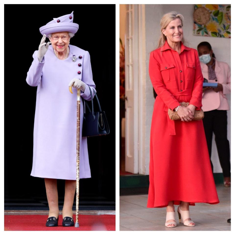 The Queen in a signature clean-lined coat on Tuesday in Scotland; the Countess of Wessex wearing a full-skirted midi dress in St Lucia in April. - Getty