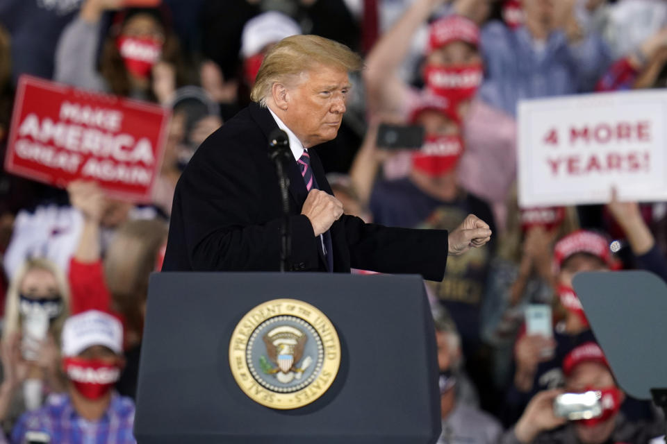 President Donald Trump reacts after a campaign rally, Tuesday, Sept. 22, 2020, in Moon Township, Pa. (AP Photo/Keith Srakocic)