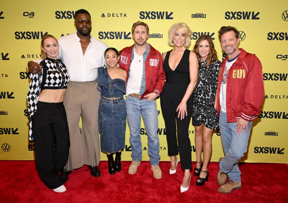 The cast of "The Fall Guy": Emily Blunt, Winston Duke, Stephanie Hsu, Ryan Gosling and Hannah Waddingham, with producer Kelly McCormick and director David Leitch at the SXSW premiere of the movie on March 12, 2024 in Austin, Texas.