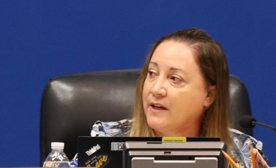 Broward School Board Chair Lori Alhadeff discusses the application process for a new superintendent on Tuesday, May 9, 2023, in Fort Lauderdale, Florida. The board voted Tuesday to extend the application window by a week after only 15 applicants met the qualifications for the post.