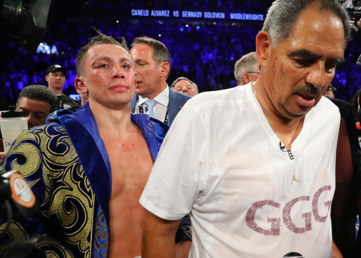 Gennady Golovkin reacts after the conclusion of his middleweight championship bout against Canelo Alvarez at T-Mobile Arena on Saturday in Las Vegas. (Getty Images)