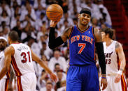 MIAMI, FL - APRIL 30: Carmelo Anthony #7 of the New York Knicks reacts to committing a foul during Game Two of the Eastern Conference Quarterfinals in the 2012 NBA Playoffs against the Miami Heatat American Airlines Arena on April 30, 2012 in Miami, Florida. NOTE TO USER: User expressly acknowledges and agrees that, by downloading and/or using this Photograph, User is consenting to the terms and conditions of the Getty Images License Agreement. (Photo by Mike Ehrmann/Getty Images)