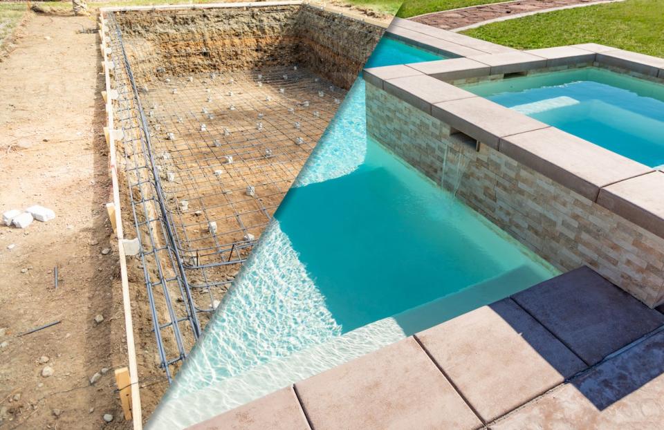 A side-by-side view of a pool in the process of being built and a finished pool.