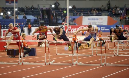 Athletics - European Athletics Indoor Championship - Men's 60m Hurdles Final - Kombank Arena, Belgrade, Serbia - 03/03/17 - Andy Pozzi of Britain, Pascal Martinot-Lagarde and Aurel Manga of France, Orlando Ortega of Spain and Andreas Martinsen of Denmark in action. REUTERS/Novak Djurovic