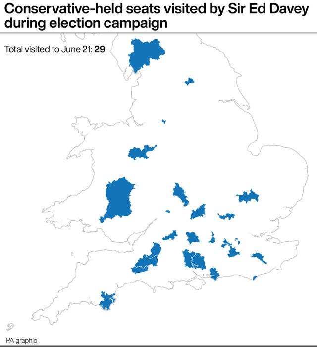 Conservative-held seats visited by Sir Ed Davey during the election campaign