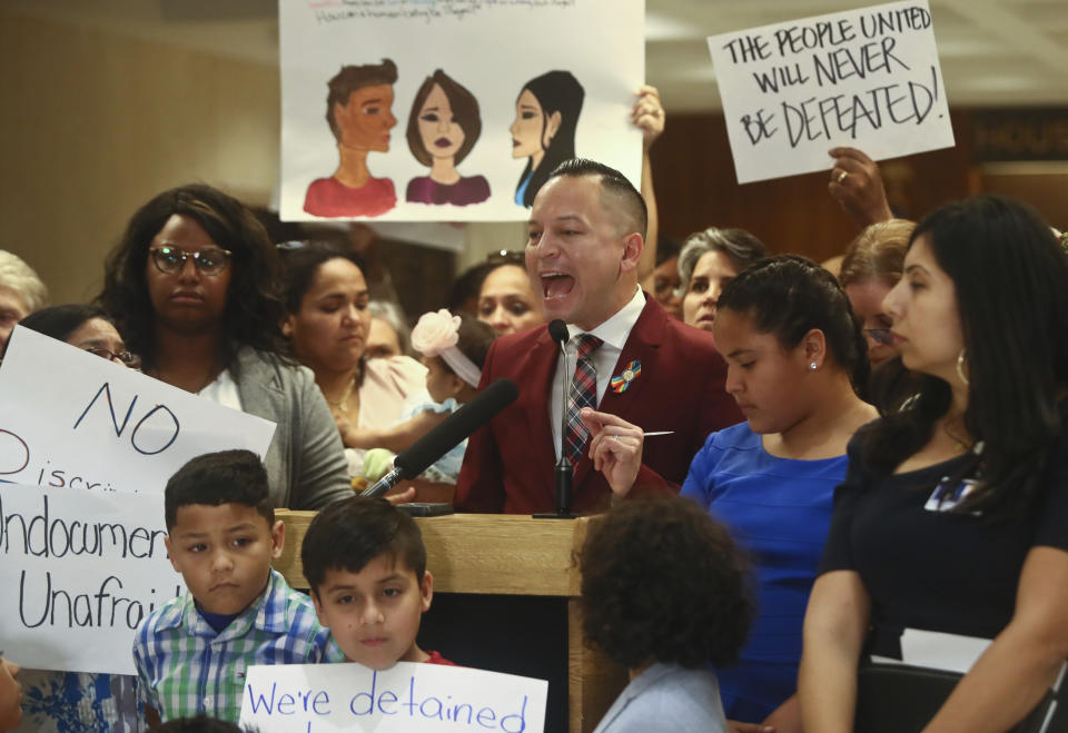 CORRECTS THE NAME THE BILLS ARE DESCRIBED AS TO RULE OF LAW ADHERENCE ACT INSTEAD OF FAMILY SEPARATION BILLS - Rep. Carlos Guillermo Smith (D-Orlando) speaks out against the Rule of Law Adherence Act HB 527 and SB 168 Tuesday, April 23, 2019, during a press conference in the Florida Capitol in Tallahassee, Fla. (AP Photo/Phil Sears)